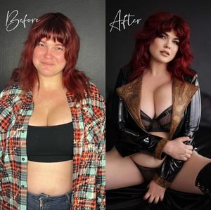 Before and after transformation photo showing casual plaid shirt look compared to glamorous boudoir style with red hair.