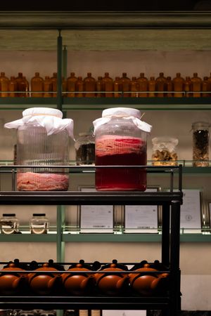 Industrial shelving unit displaying various preserved meats and ingredients in clear containers.