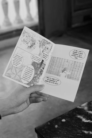 A series of black and white comic strip panels shown in a horizontal layout.