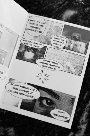 Black and white manga comic panels showing text bubbles and dramatic close-up shots.