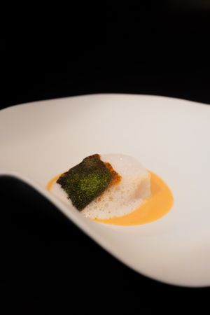 Modern plated dish featuring orange sauce and green garnish on a white curved plate.