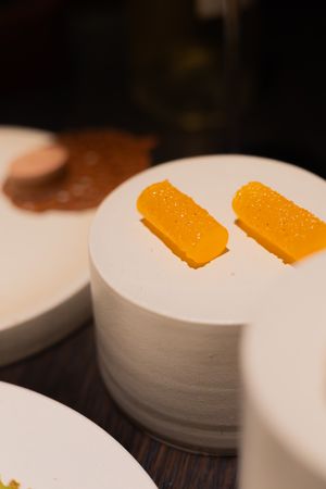 Two rectangular orange pieces of food arranged symmetrically on a white circular plate.
