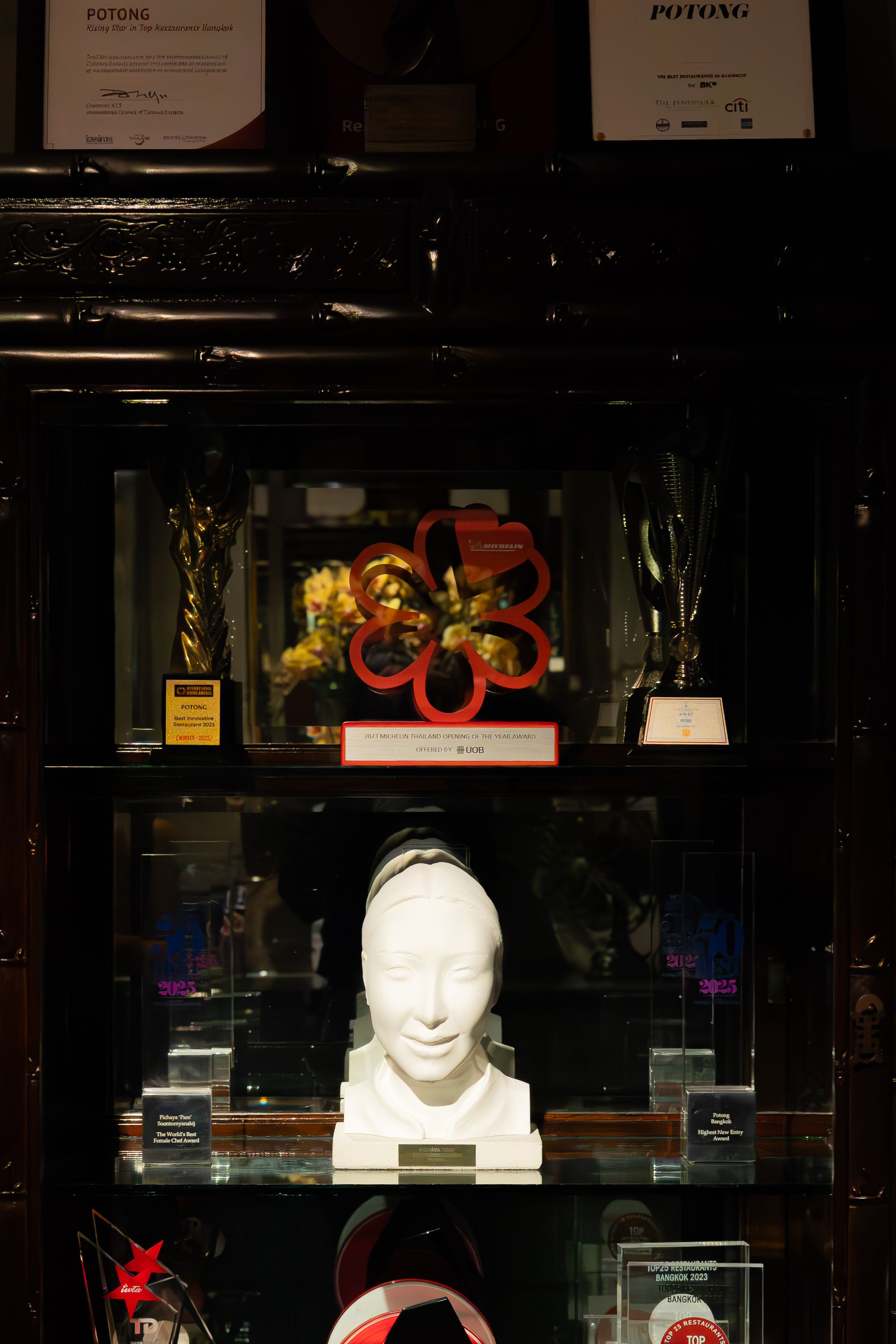 Display of white mannequin heads and colorful decorative items in a dark retail store window.