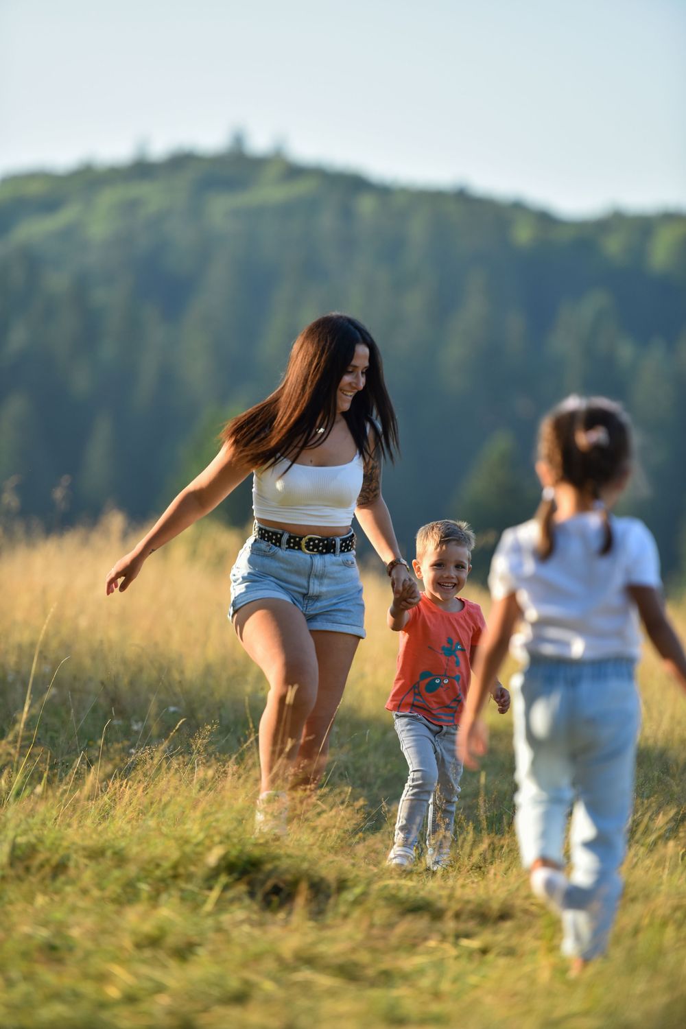 People walking and playing in a golden summer meadow with forest hills in the background.