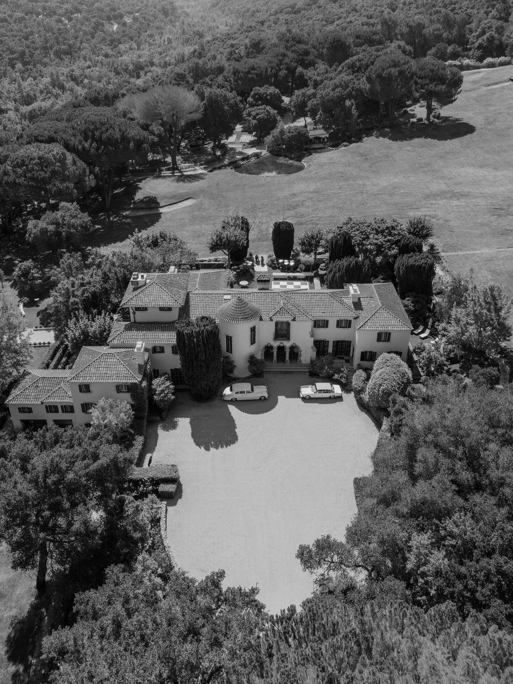 Aerial view of luxury homes and mansions nestled among trees in an upscale residential neighborhood.