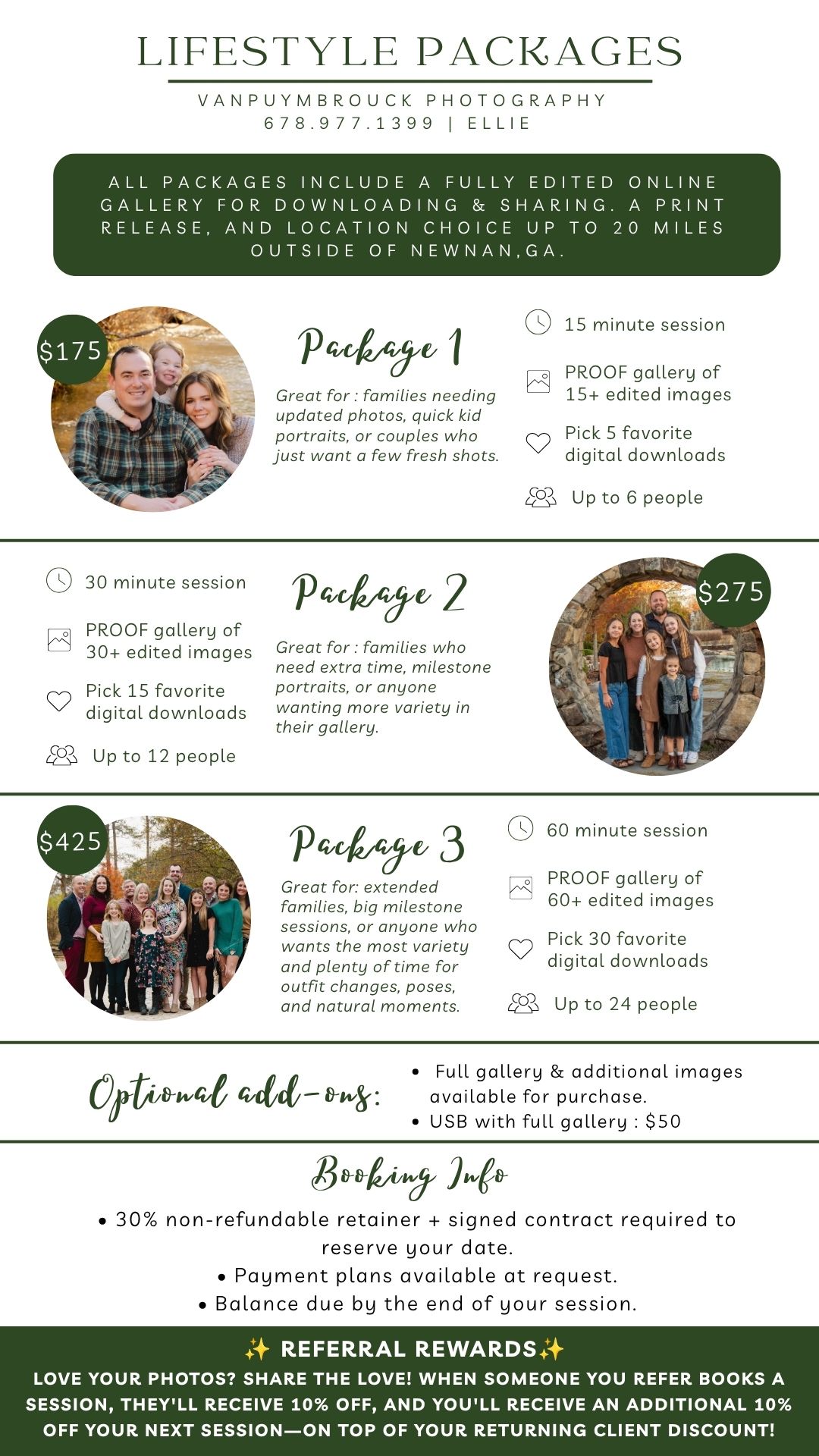 Lifestyle photography pricing menu