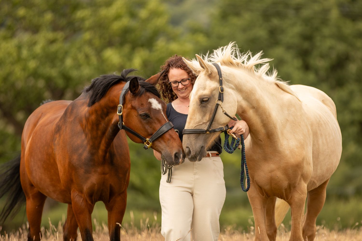 A beautiful black and white paint horse stands with a person on a sunny autumn day outdoors.