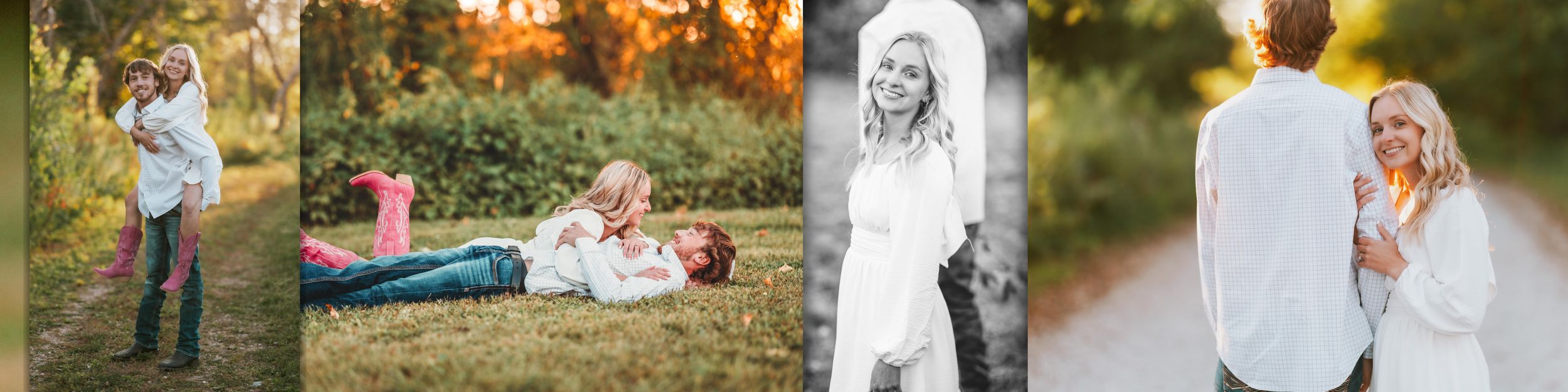 A collection of outdoor portrait photographs arranged in a row showing romantic and family moments in natural settings.