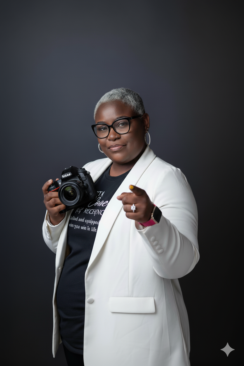 Professional photographer in a white blazer and black shirt poses with camera against dark background in studio setting.