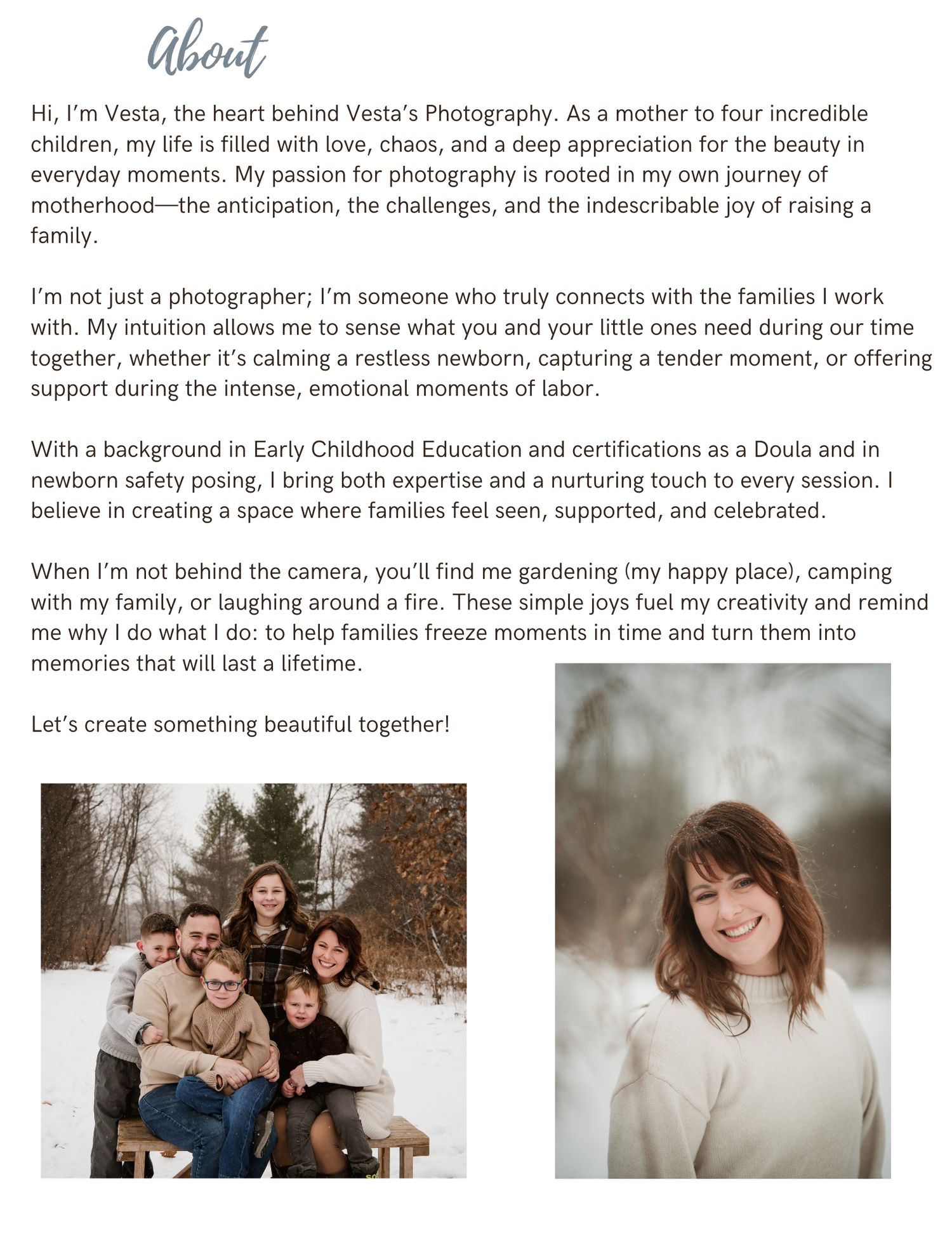 A photographer's website about page featuring a winter family photo and a headshot alongside text describing their services.