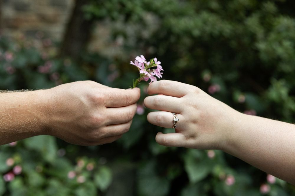 A series of hands exchanging a small ring in an outdoor garden setting with pink flowers in the background.