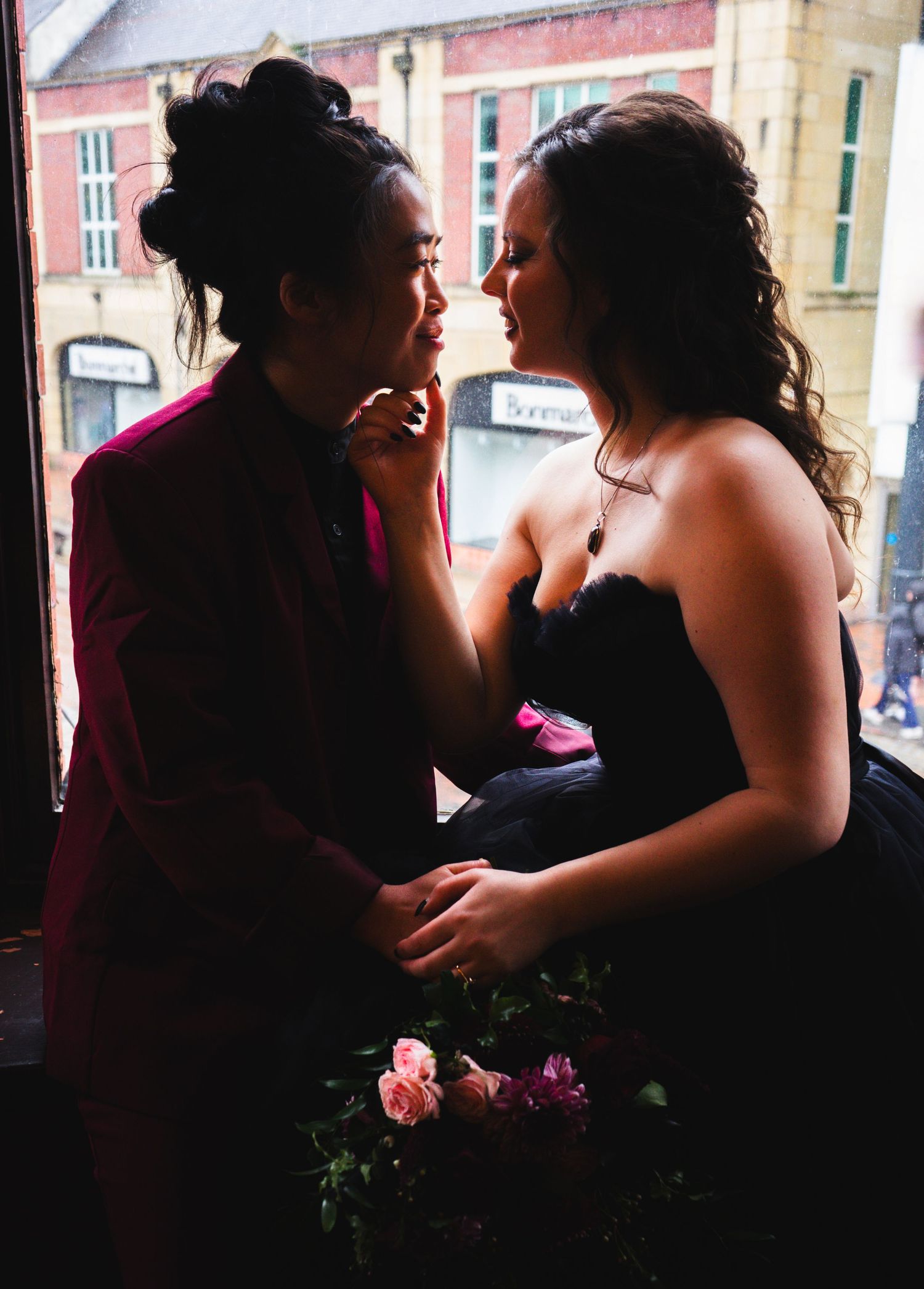 LGBTQ+ wedding, Lesbian wedding, alternative, Pub wedding, Preston Pub wedding, Leather jacket, Black wedding dress, red suit, Gothic,