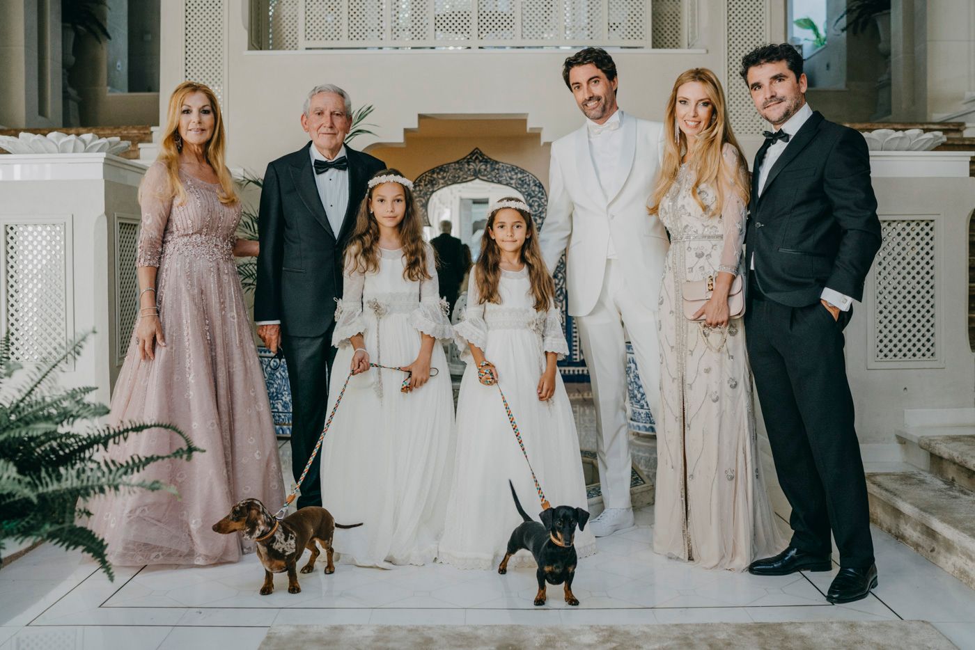 Elegant formal group portrait on white steps with two small dogs, dressed in white and pastel gowns and suits.