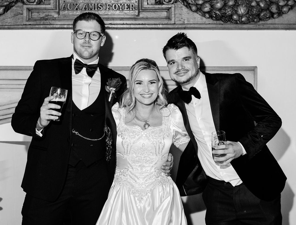 Black and white photos show elegantly dressed people at formal events in what appears to be a celebrity gathering.