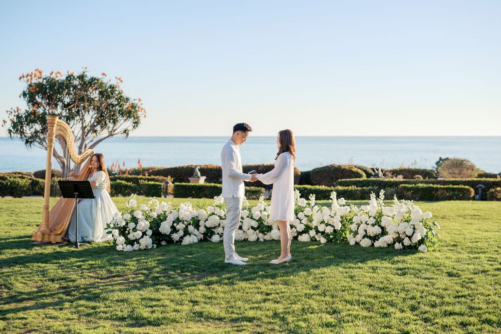 A couple shares a romantic moment during sunset at an oceanfront wedding ceremony with guests seated on the grass.