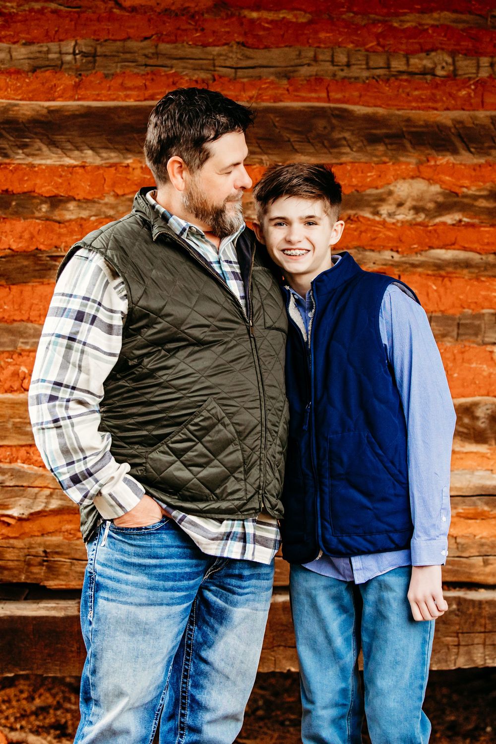 A candid series of casual photos against a rustic log cabin wall with warm orange tones.