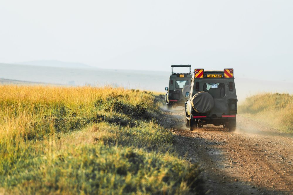 Off-road vehicles driving on dusty trail through golden grassland.
