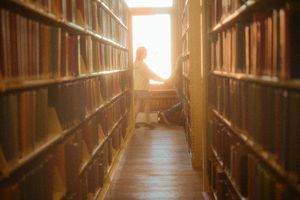 Silhouetted figure sits reading between tall library bookshelves illuminated by warm sunlight through window.
