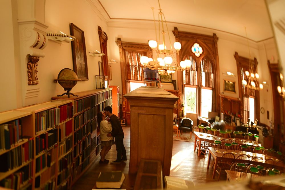 Elegant hallway with wooden bookshelves, chandelier lighting, and classic architectural details in a historic building.