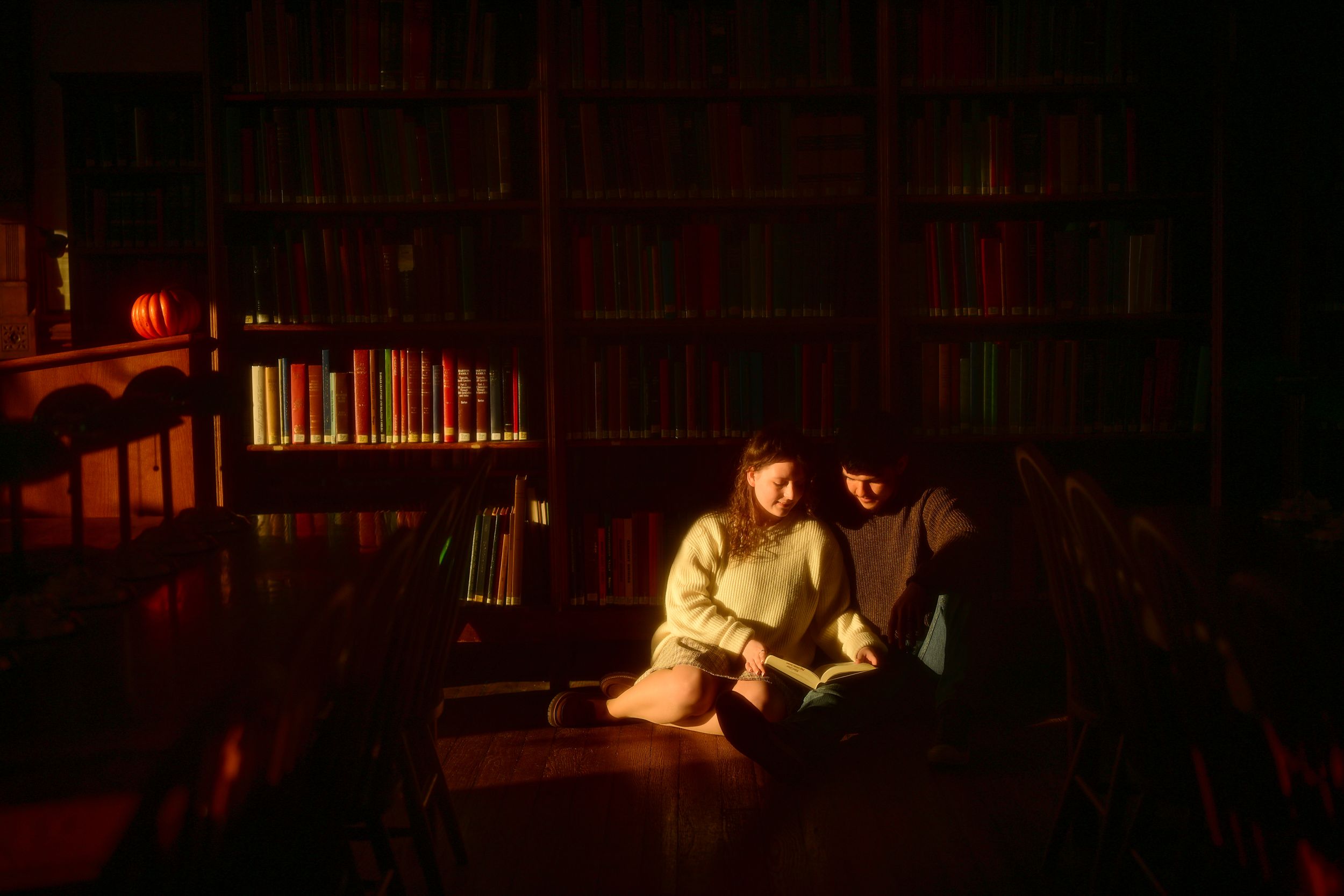 A dimly lit library interior with bookshelves and warm red lighting creating a moody atmospheric ambiance.