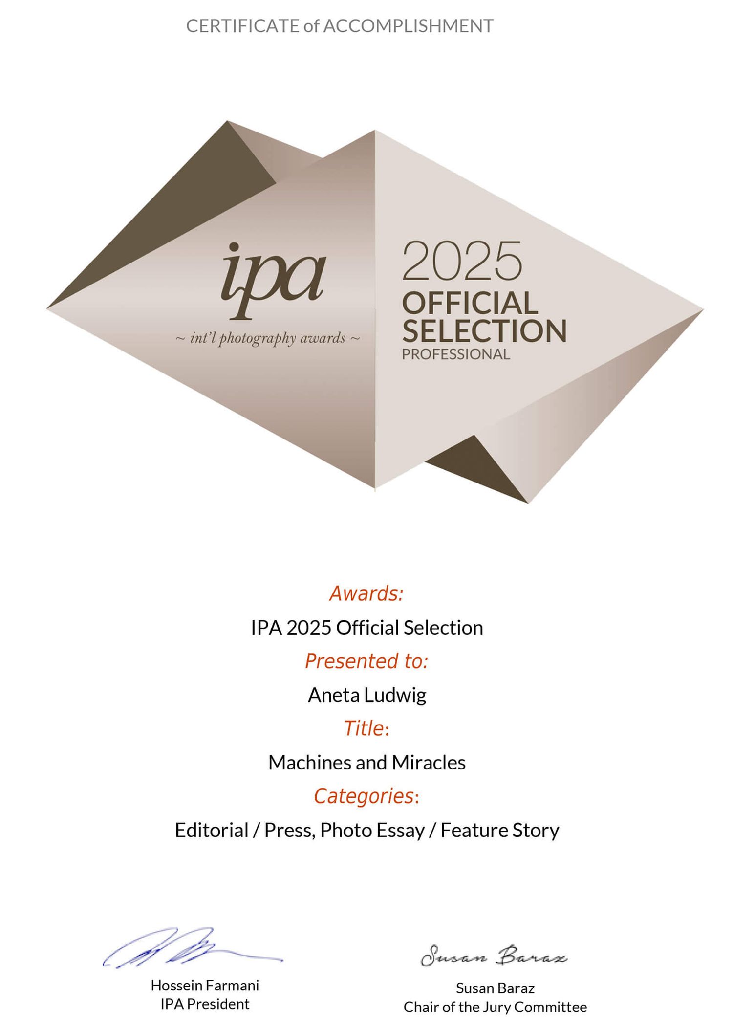 Dyplom konkursowy International Photography Awards 2025.