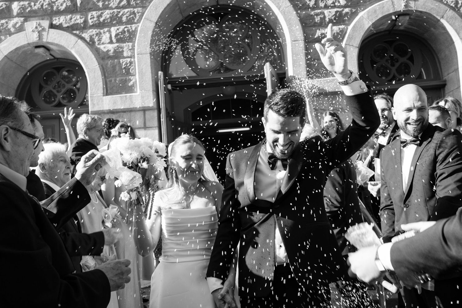 Black and white photos showing a sequence of celebratory moments at what appears to be a wedding ceremony.