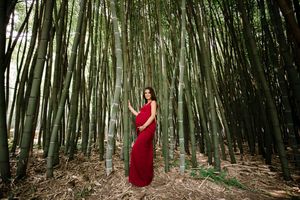 Maternity photo of woman in red dress standing in serene bamboo forest.