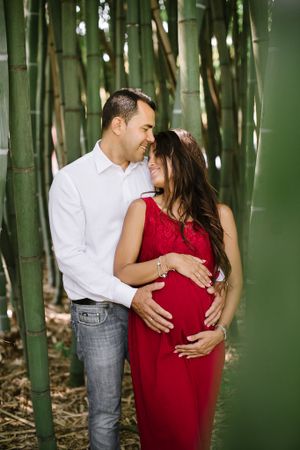Romantic maternity portrait of couple embracing in bamboo forest.