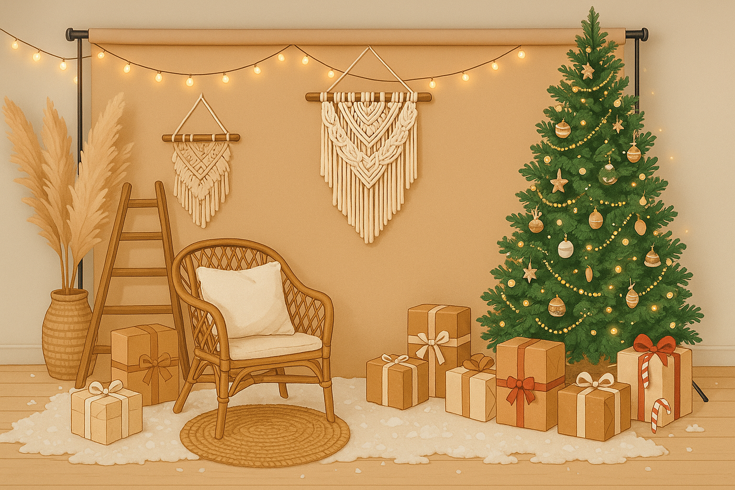 Cozy Christmas scene with decorated tree, rattan chair, macrame wall hangings, string lights and wrapped presents.