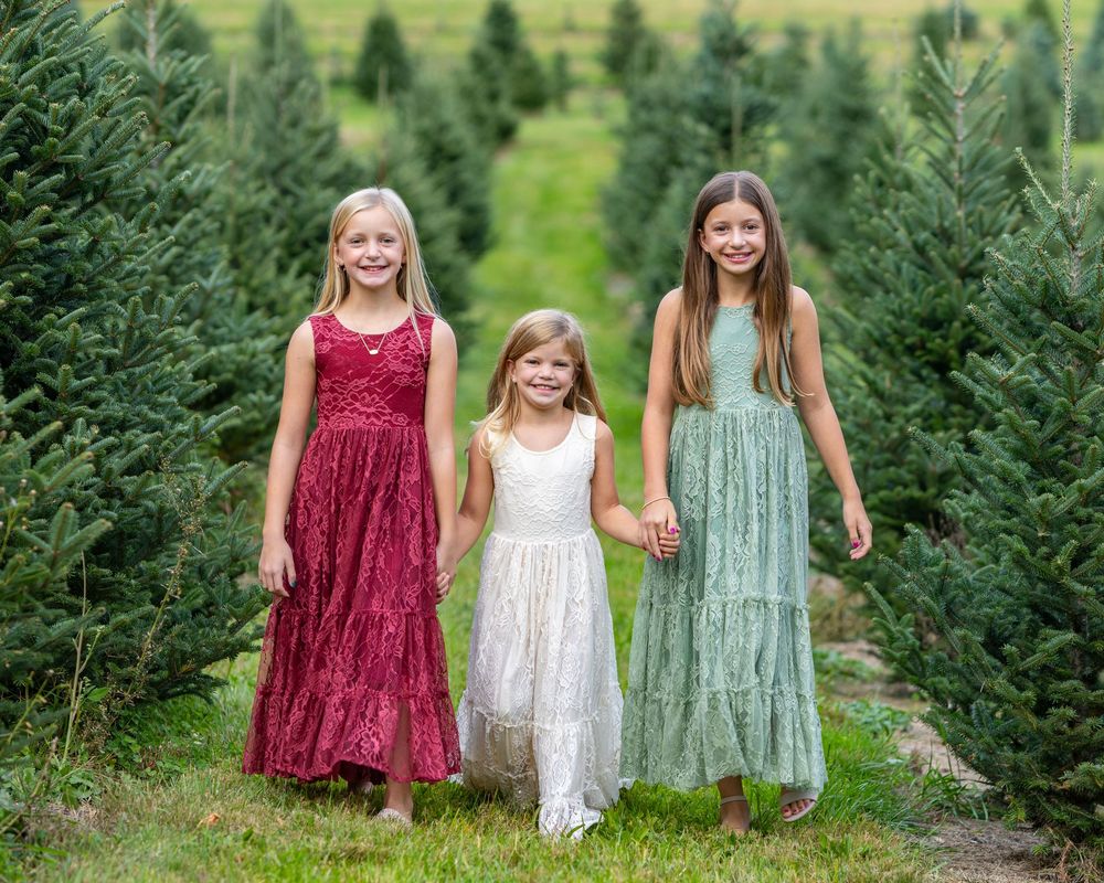 Siblings pose in front of a tree at a Christmas Tree Farm in Metrowest of MA at holiday family photography session by Lisa West Photography.