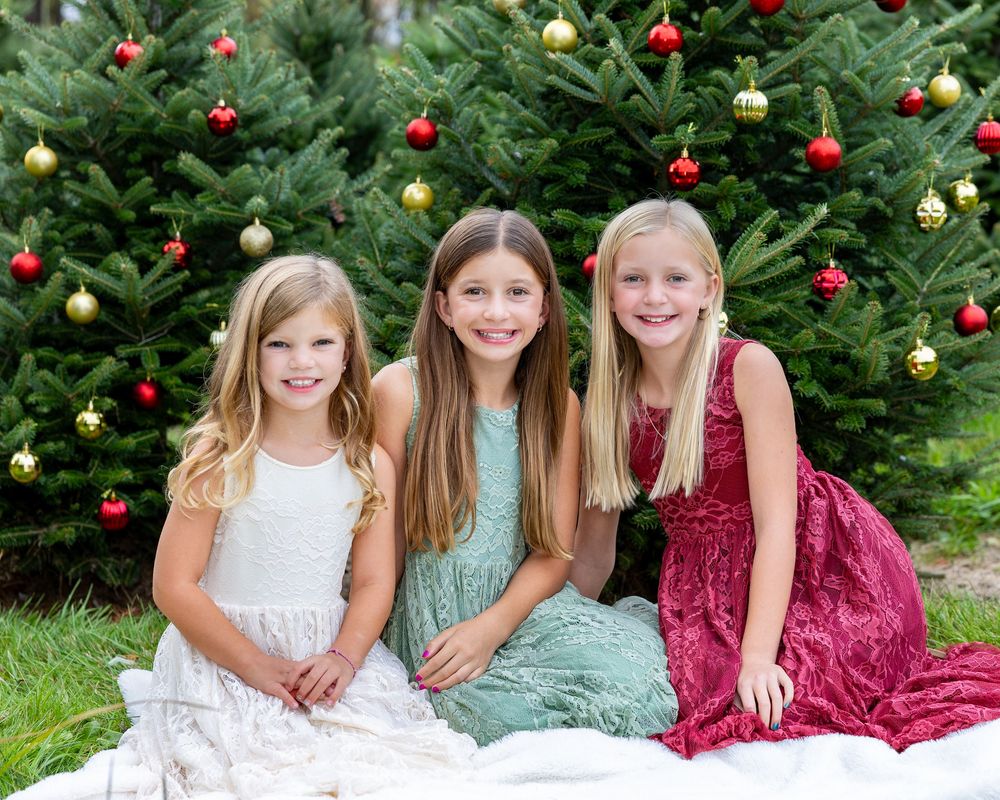 Siblings pose in front of a tree at a Christmas Tree Farm in Metrowest of MA at holiday family photography session by Lisa West Photography.