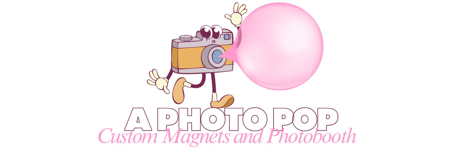 Pink and white custom photo booth logo design with camera icon and bubble elements.