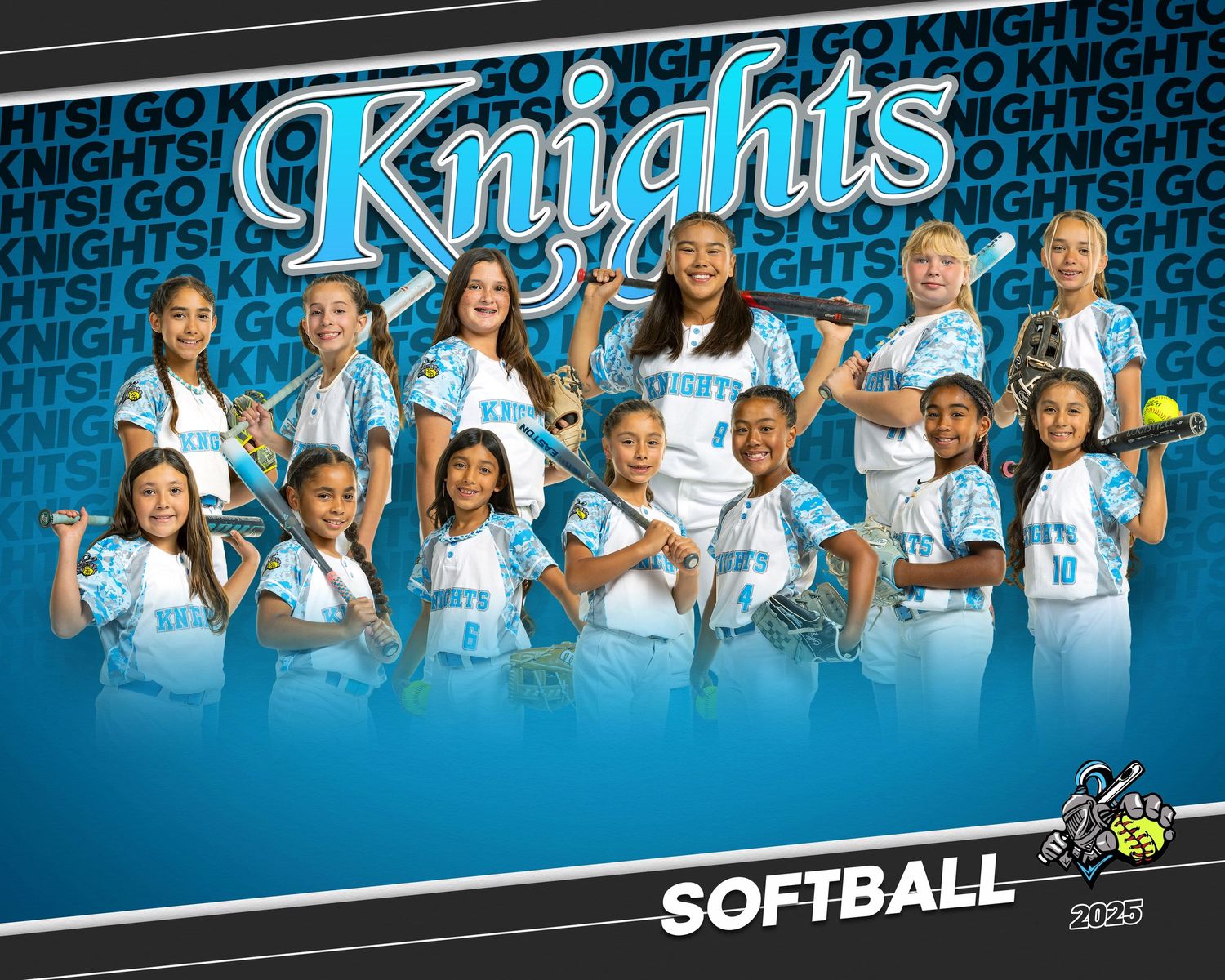 Two team sports photos showing baseball and softball players posing in traditional team photo formations with stadium lighting.