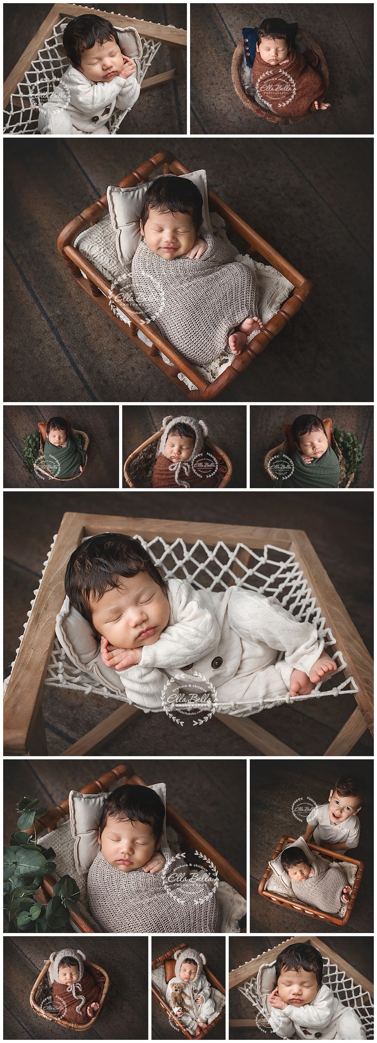 Newborn photography collage featuring baby sleeping peacefully in vintage wooden cradles with delicate lace details.