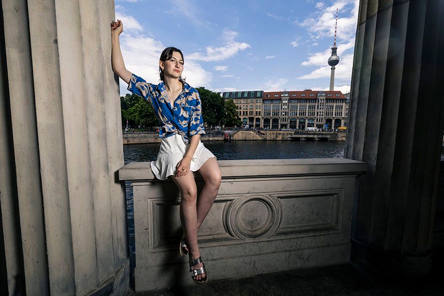 Architectural photo series featuring classical columns against blue sky.