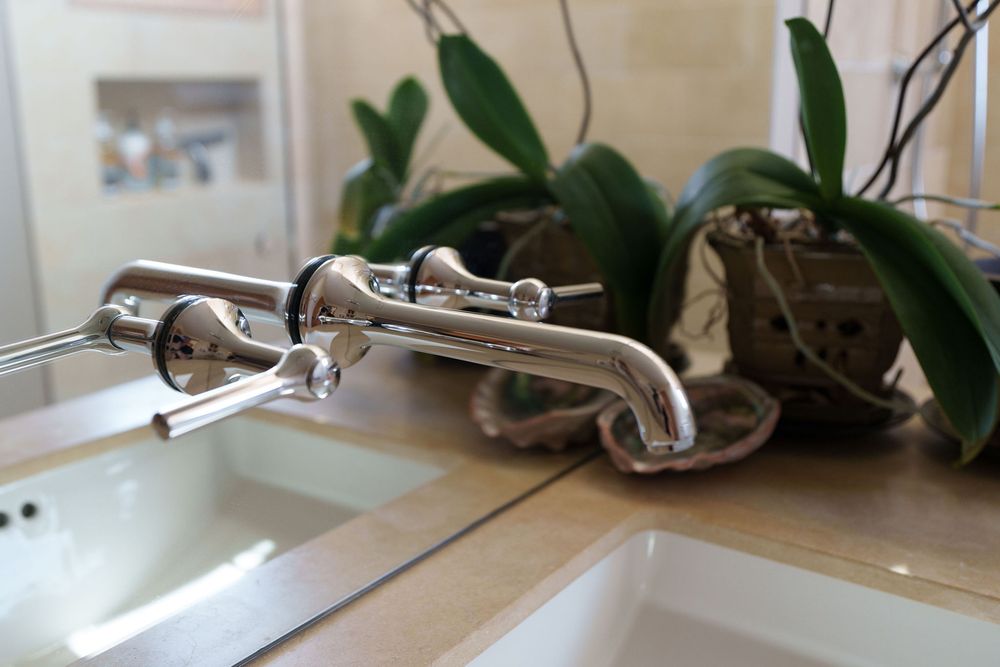 Chrome bathroom faucet with dual handles mounted on a beige countertop beside a lush green orchid plant.
