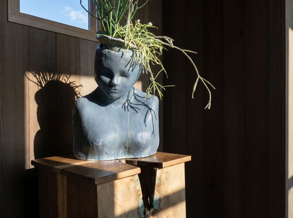 Blue female bust sculpture planter with succulents on wooden pedestal in sunlit corner.