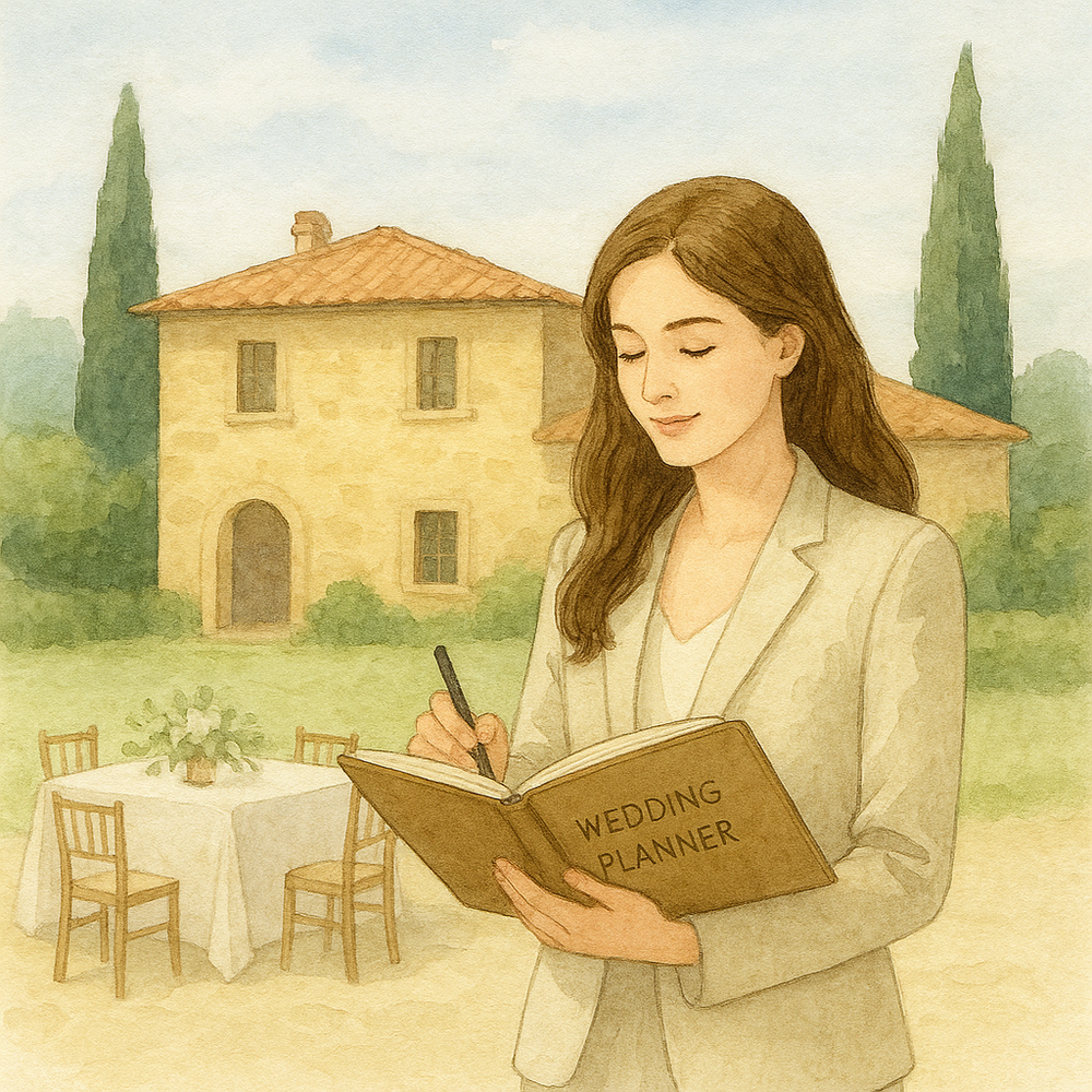 A watercolor illustration shows someone reading and writing in a peaceful Tuscan countryside setting with cypress trees.