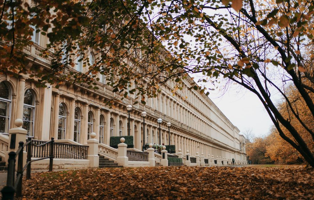 Autumn trees line a grand historic building with ornate architecture and white columns during fall season.