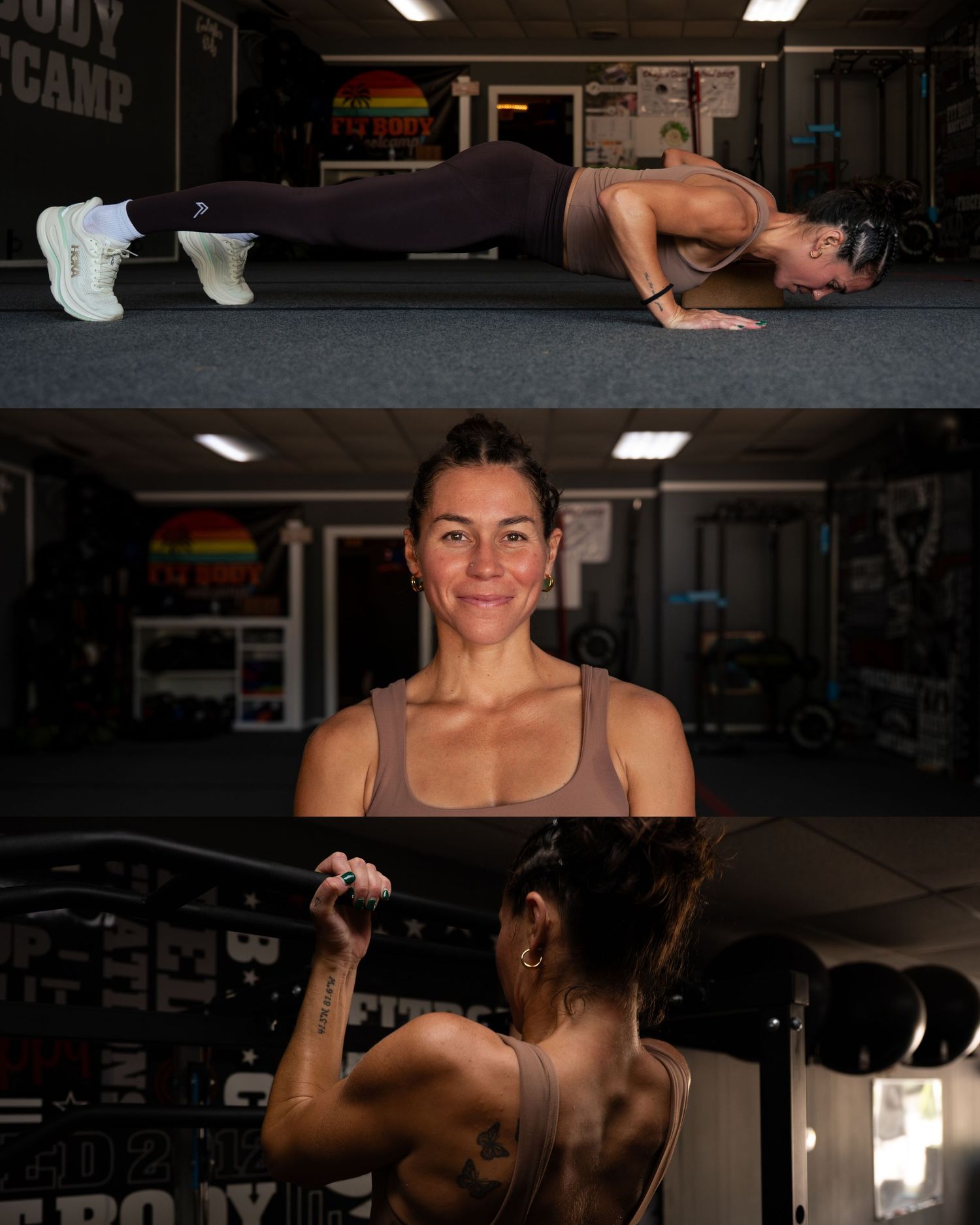 Athletes performing various exercises in a dark gym setting with fitness equipment and training equipment visible.