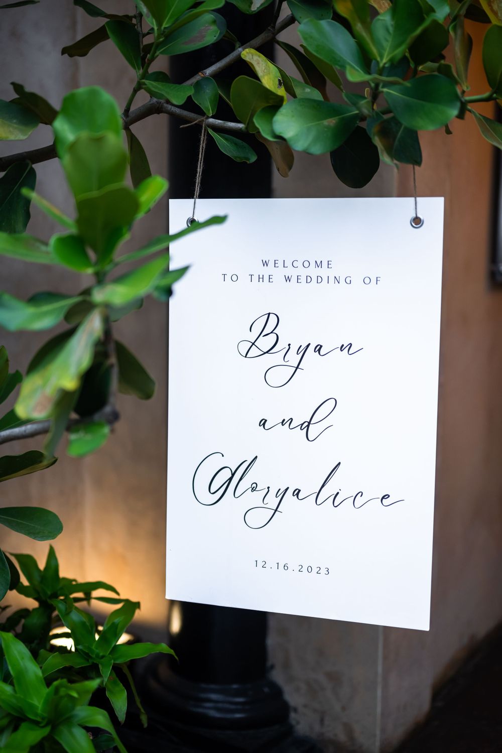 Elegant wedding welcome sign with calligraphy text framed by green leaves.