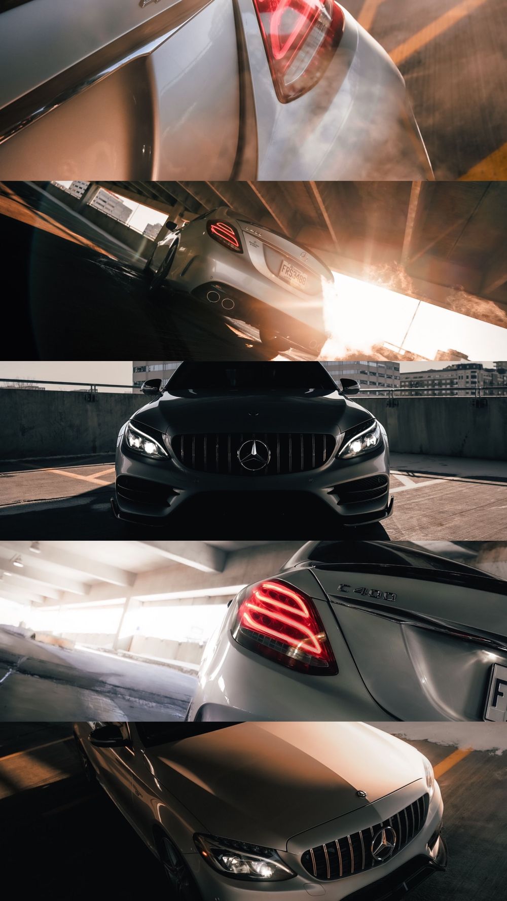 Artistic collage of Mercedes-AMG C-Class details showing headlights and body lines. Mtlshutter photography