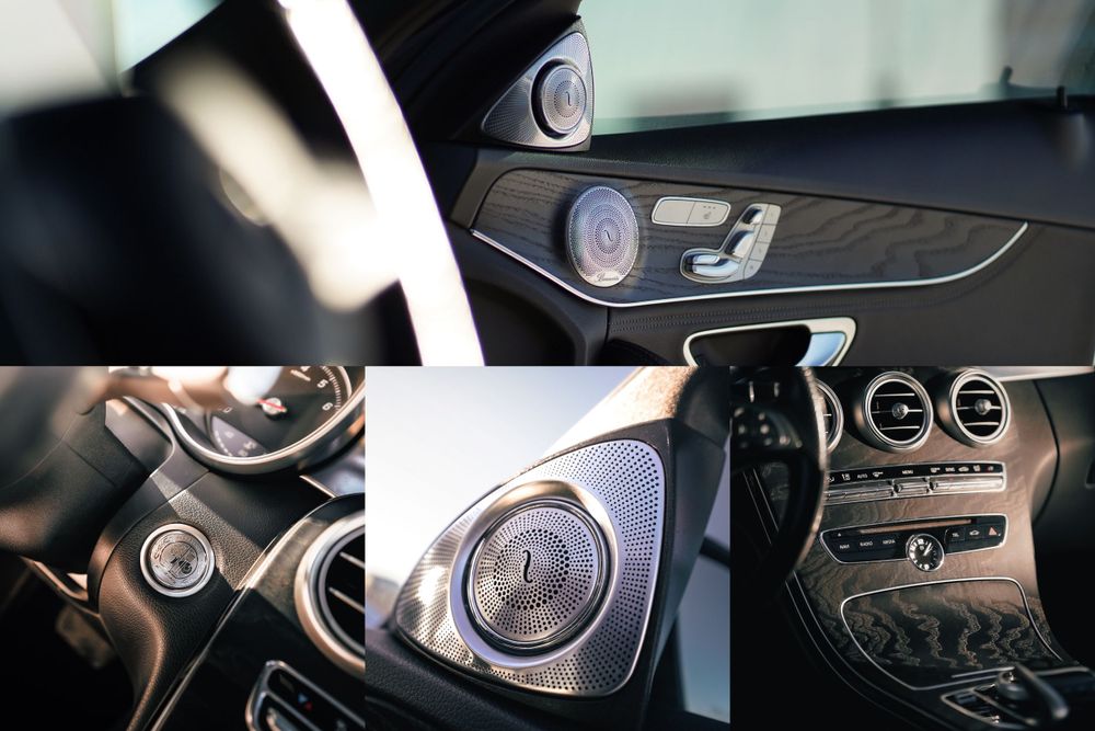Collage of luxury car interior details showing speaker system and control interfaces. Mtlshutter photography