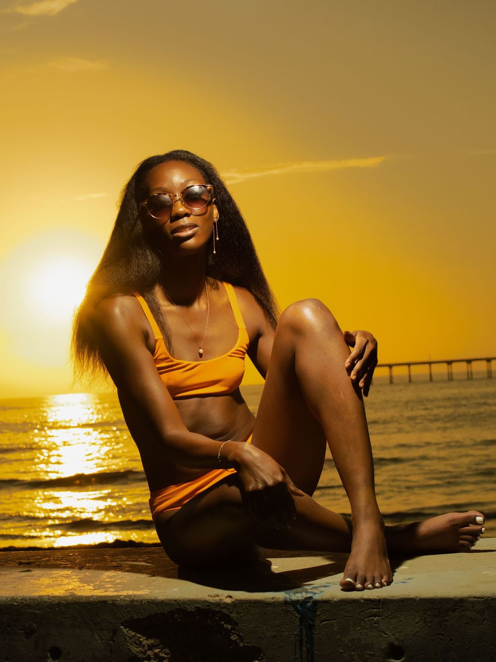 Sunset beach portrait with golden lighting and ocean pier in background.