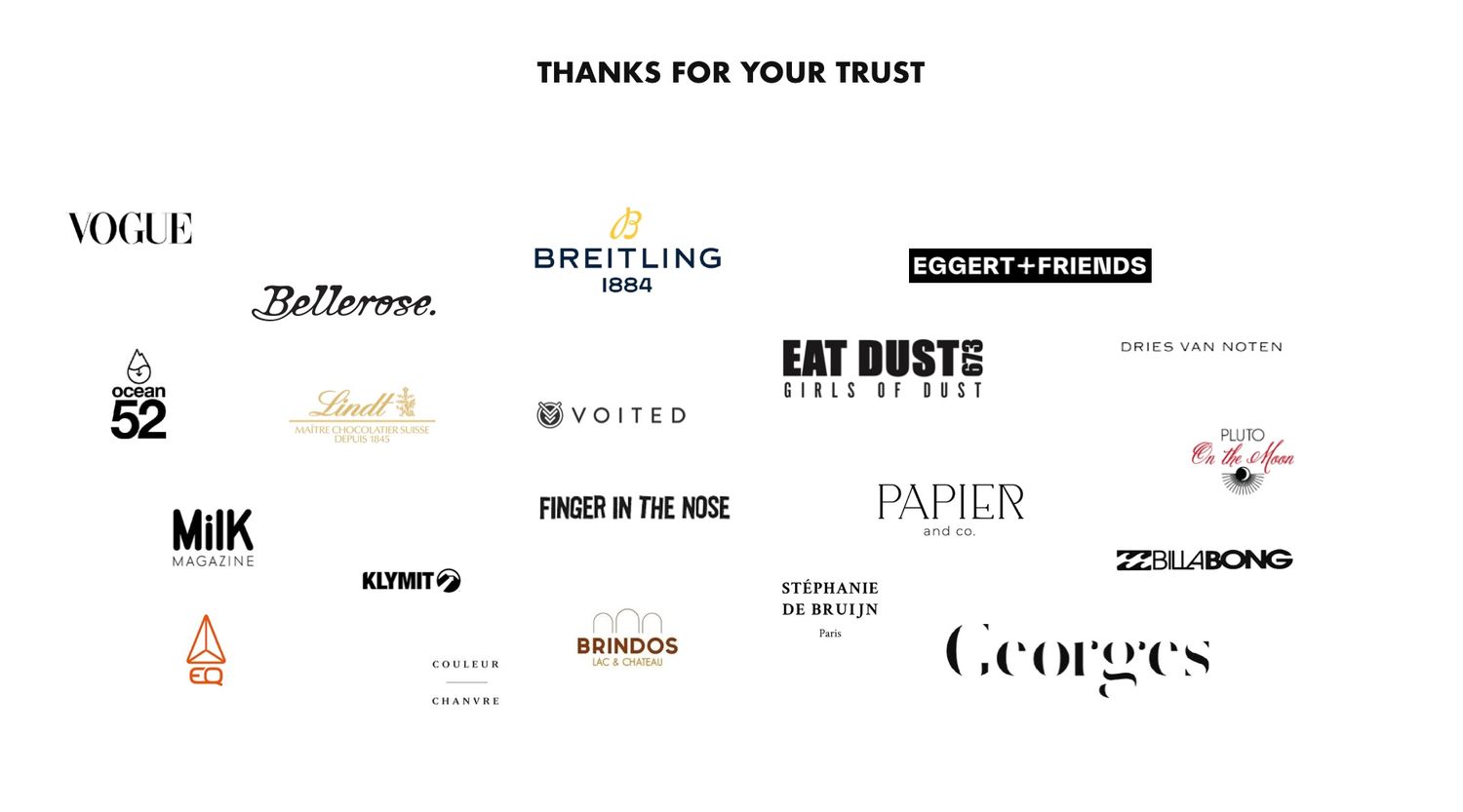 Collection of luxury and fashion brand logos arranged on white background showing brand partnerships.