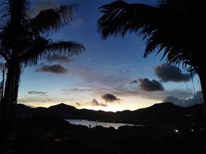 Tropical sunset silhouette with palm trees, mountains, and a bay reflecting golden hues under a dramatic cloudy sky.