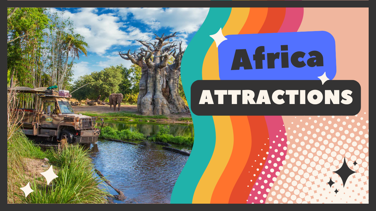 Africa attractions banner showing iconic Tree of Life with rainbow design elements.