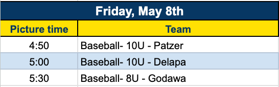 Baseball and softball team photo schedule with time slots organized by team name.