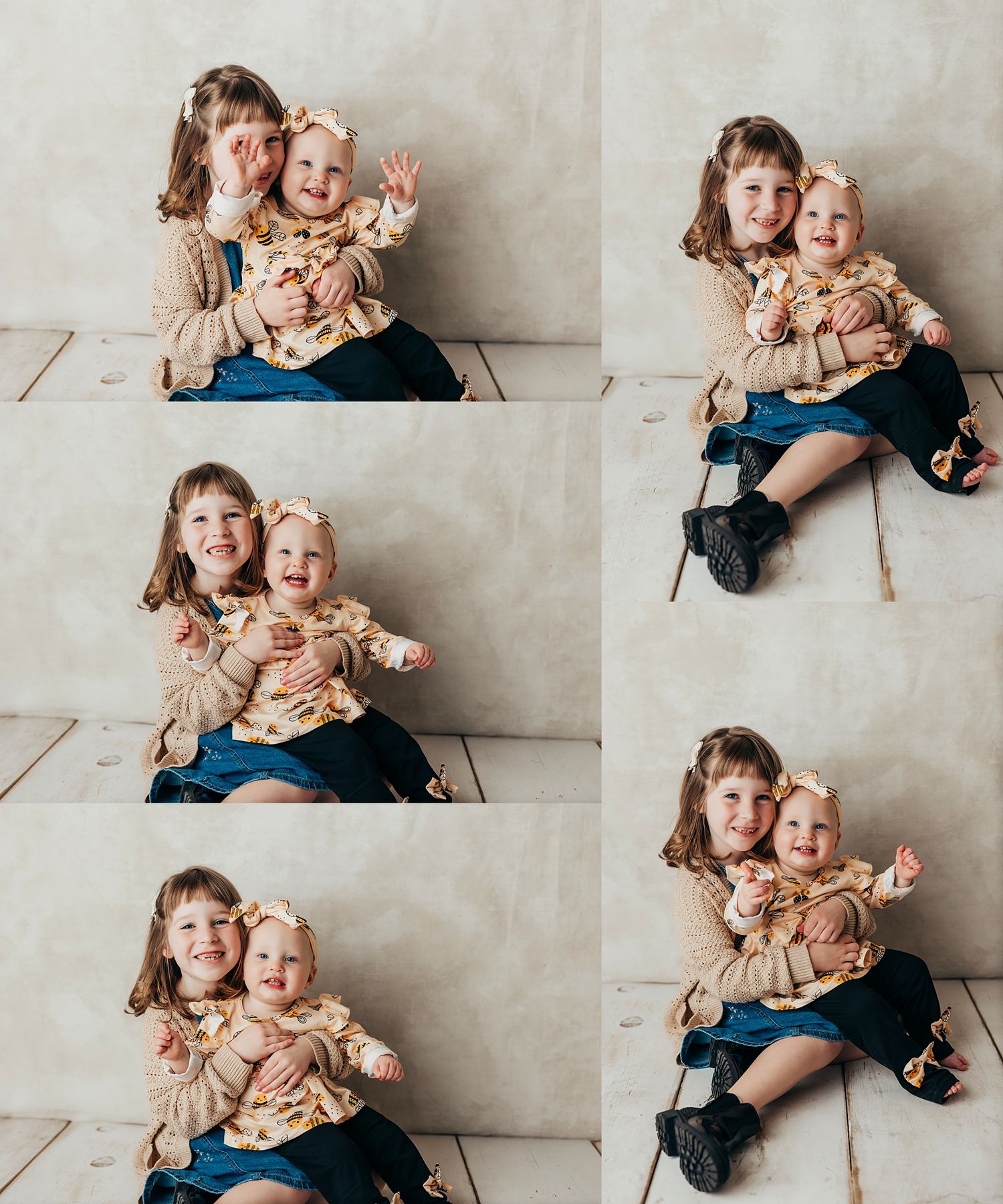 Two young sisters pose together on a studio floor, the older girl hugging the smiling baby in a sweet collage.