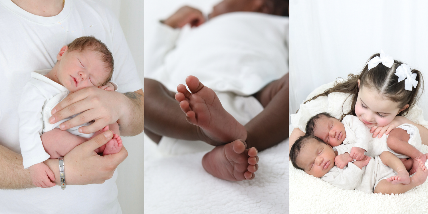Newborn baby cradled in arms, tiny feet close-up, and toddler girl with bow hugging sleeping infant in white studio photos.